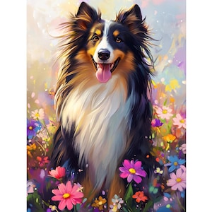 Kit per pittura a diamante 5D con trapano completo, cane Collie a pelo ruvido, cane felice tra fiori di campo colorati, regalo fai da te per gli amanti dei cani, decorazione da parete per animali domestici