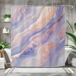 Pastel Marble Shower Curtain, Elegant Abstract Bath Curtain, Waterproof Fabric Bathroom Decor, Luxury Pink and Purple Design