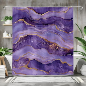 Purple Marble Shower Curtain, Elegant Abstract Bath Curtain, Waterproof Fabric Bathroom Decor, Luxury Purple and Gold Design
