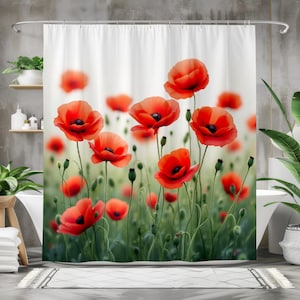 Red Poppy Field Shower Curtain, Peaceful Floral Bathroom Decor With Wildflower Meadow Design, Nature Gift For Her, Romantic Botanical Bath