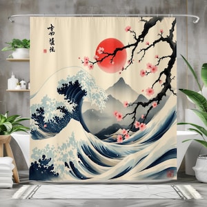 Japanese Wave Shower Curtain, Cherry Blossom Bath Decor, Great Wave Inspired Bathroom Curtain, Zen Home Decor, Asian Art Gift, Ukiyo-e Style