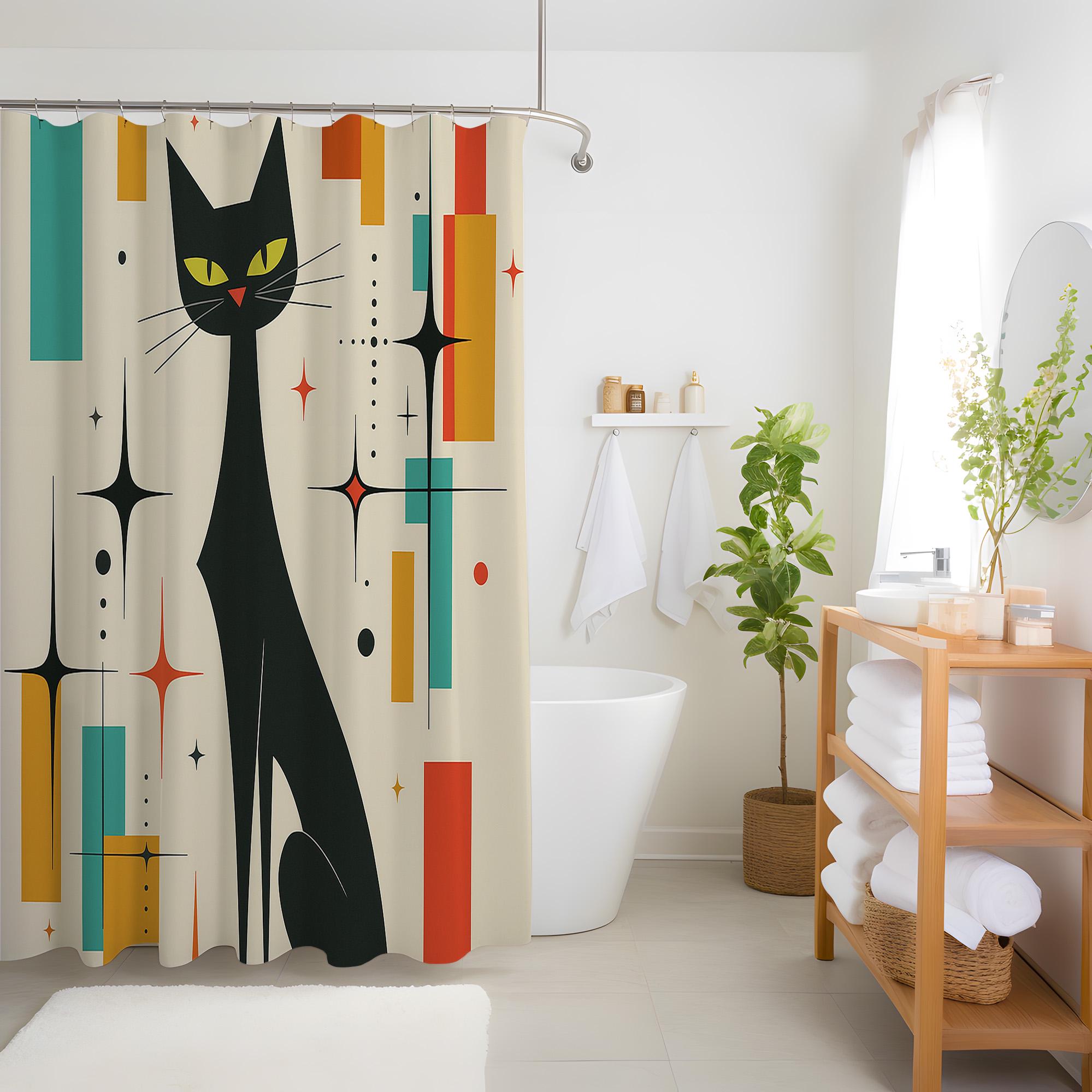 Set di tende da doccia a forma di gatto in stile autunnale, 152 x 182