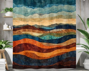 Colorful Abstract Shower Curtain | Waterproof Fabric Bath Curtain for Modern Bathroom Decor | Wave Pattern Blue Orange Beige Brown