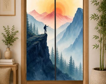 Mountain Hiker Noren Curtain, Adventure Door Curtain, Sunrise Mountain Landscape Room Divider, Hiking Decor, Nature Entryway Curtain
