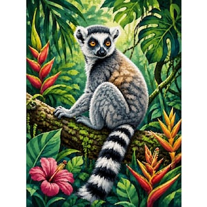 May include: A colorful illustration of a ring-tailed lemur perched on a tree branch, surrounded by lush green foliage and vibrant tropical flowers. The lemur has gray fur, a black and white striped tail, and bright yellow eyes.