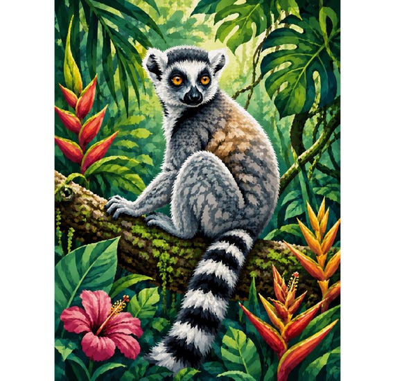 Lemur Diamond Painting Kit, Tropical Jungle Animal Art, Ring Tailed Lemur DIY 5D Diamond Art, Exotic Wildlife