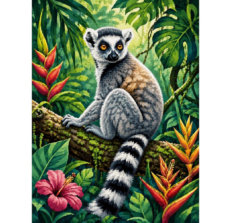 May include: A colorful illustration of a ring-tailed lemur perched on a tree branch, surrounded by lush green foliage and vibrant tropical flowers. The lemur has gray fur, a black and white striped tail, and bright yellow eyes.