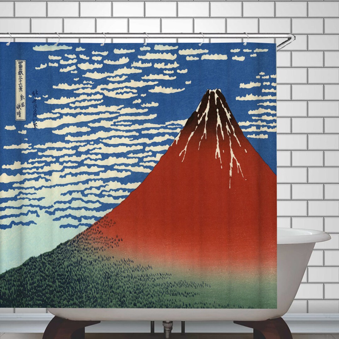 Japanese Shower Curtain Mount Fuji Bathroom Curtain Ukiyoe Bath Decor