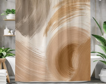 Neutralna, abstrakcyjna zasłona prysznicowa z pociągnięciami pędzla, nowoczesny, minimalistyczny wystrój łazienki, beżowa zasłona do łazienki w stylu boho, skandynawski design łazienki