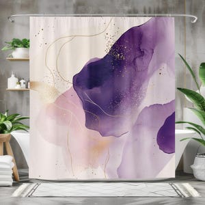 Abstract Purple Shower Curtain, Waterproof Fabric Bath Curtain, Elegant Bathroom Decor, Washable, Purple, Pink, and Gold Accents