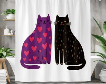 Black and Purple Cat Shower Curtain, Cute Cat Bathroom Decor, Whimsical Feline Bath Curtain, Modern Pet Bathroom, Minimalist Cat Lover Gift