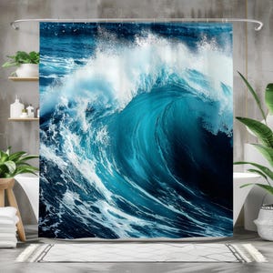 Tenda da doccia con onde oceaniche – Design dinamico con onde marine, arredo bagno costiero, tessuto impermeabile, tema natura blu intenso