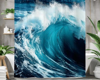 Ocean Wave Shower Curtain – Dynamic Sea Wave Design, Coastal Bathroom Decor, Waterproof Fabric, Deep Blue Nature Theme