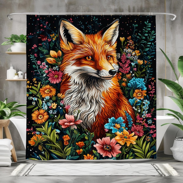Fox Shower Curtain, Waterproof Fabric Bath Curtain, Woodland Animal Bathroom Decor, Vibrant Floral Design, Nature-Inspired Fox Art