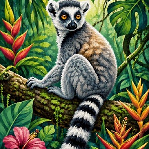 May include: A digital illustration of a ring-tailed lemur perched on a tree branch, surrounded by lush green foliage and vibrant tropical flowers. The lemur has gray and white fur with a distinctive black and white striped tail. The artwork features bright colors and a detailed jungle setting.