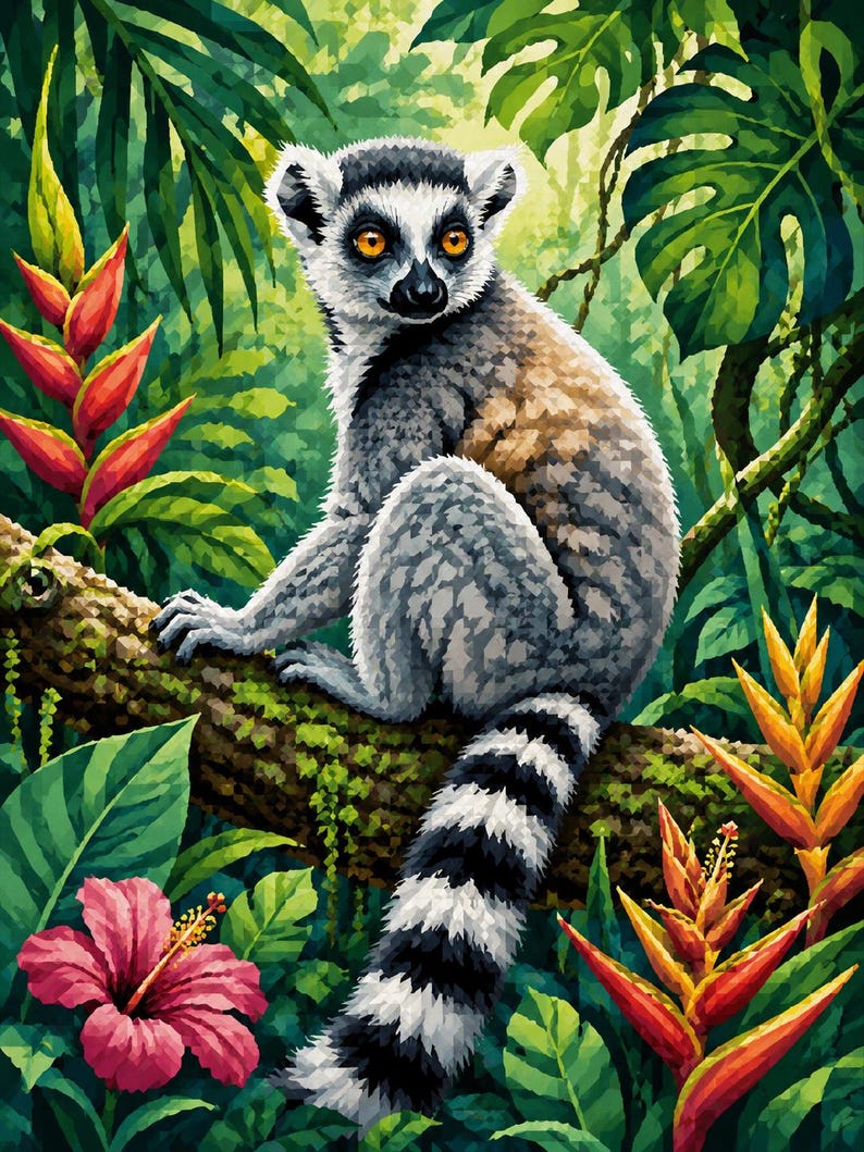 May include: A digital illustration of a ring-tailed lemur perched on a tree branch, surrounded by lush green foliage and vibrant tropical flowers. The lemur has gray and white fur with a distinctive black and white striped tail. The artwork features bright colors and a detailed jungle setting.
