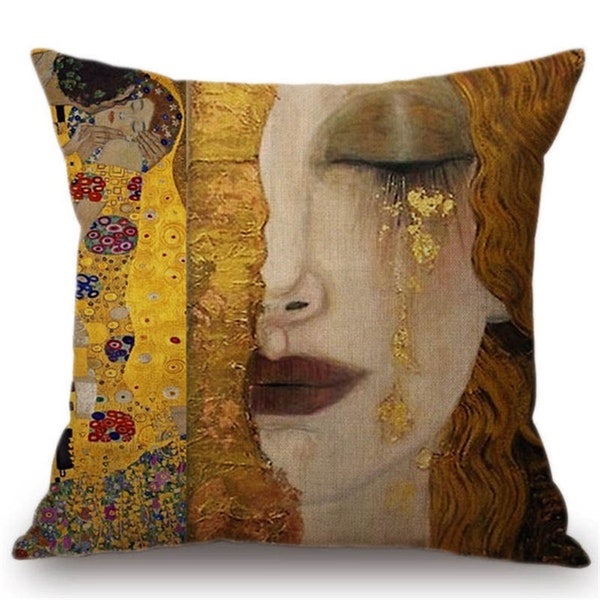 Housse de coussin Gustav Klimt, larmes dorées et baiser, housse de coussin artistique, housses de coussin décoratives adaptées de célèbres peintures à l'huile