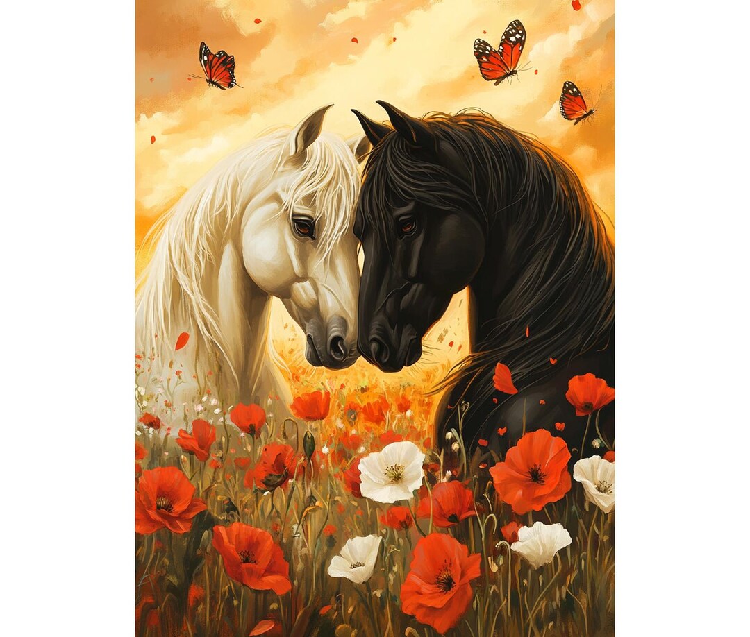 Two Majestic Horses Diamond Painting Kit 5D Full Drill, Black and White ...