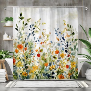 Duschvorhang mit Blumenmuster, botanisches Badezimmerdekor, Wildblumengarten-Design, wasserdichter Stoffvorhang, Cottagecore-Badästhetik