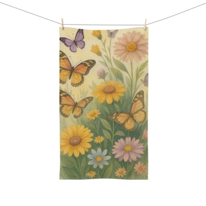 Floral Butterfly Hand Towel, Soft Kitchen Towel, Nature Inspired Decor, Bathroom Accent, Gift for Gardeners, Housewarming