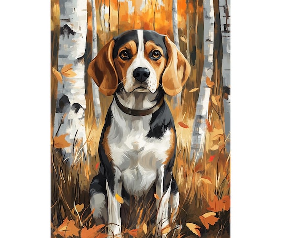 Beagle Dog Diamond Painting Kit 5D Full Drill, Autumn Birch Forest