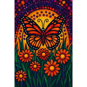May include: A vibrant illustration of a monarch butterfly with orange and black wings, set against a yellow sun and a backdrop of purple dots. Orange flowers and green grass are in the foreground, creating a colorful nature scene.