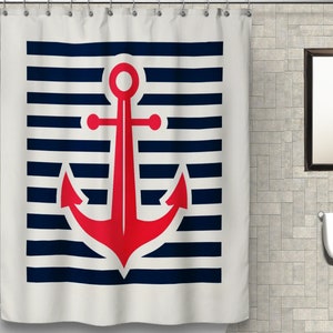Nautical Shower Curtain, Striped Bath Curtain, Anchor Bathroom Decor, White, Blue Navy and Red, Waterproof Polyester Fabric