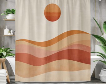 Minimalist Desert Wave Shower Curtain – Earth Tones Landscape, Modern Boho Bathroom Decor, Terracotta and Sand Tones