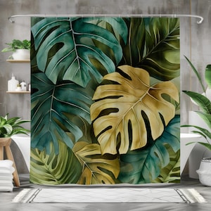 Tropical Leaf Shower Curtain Waterproof Fabric Bathroom Decor, Jungle Leaf Design for Modern Art Boho Bathroom