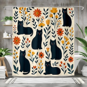 Whimsical Cat Shower Curtain - Cozy Bathroom Decor, Cat Lover Gift, Floral Design, Unique Bathroom Accessory, Kitty Shower Curtain