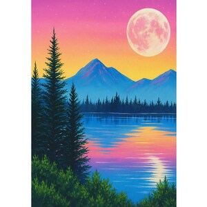 May include: A vibrant landscape painting depicts a serene lake reflecting a colorful sunset. Blue mountains and dark green trees frame the water, with a large pink moon in the sky. The artwork evokes a sense of tranquility and natural beauty.