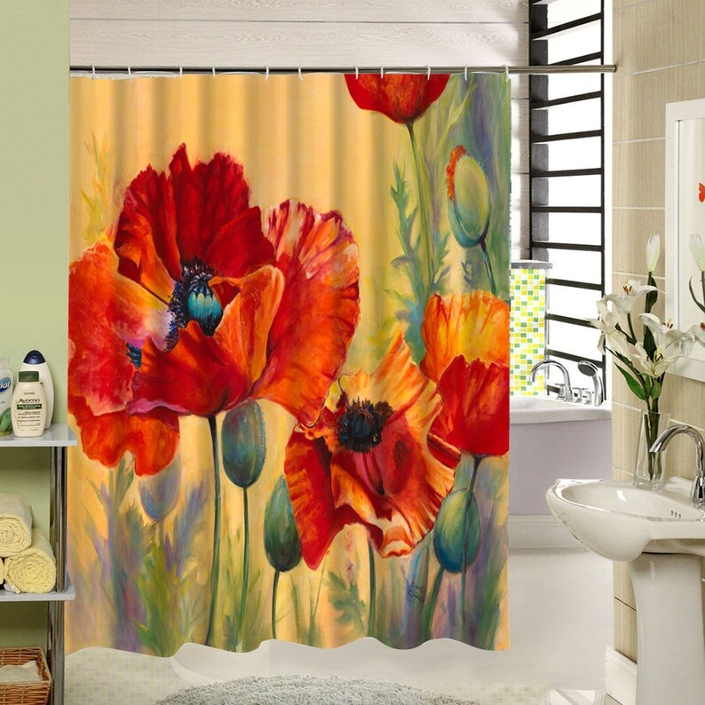 Poppy Shower Curtain Poppies Bath Decor Red Flowers Image 0