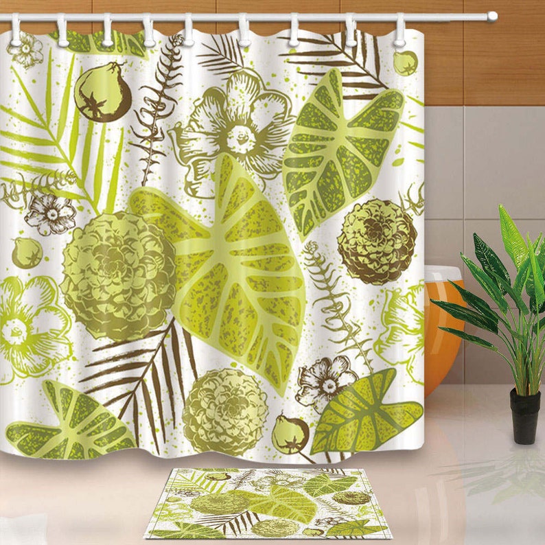 Botanical Shower Curtain Yellow Green Waterproof Washable Polyester Fabric Curtains