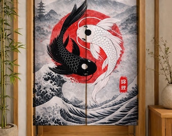 Japanese Koi Fish Noren Curtain, Yin Yang Door Curtain, Mount Fuji Wall Decor, Asian Room Divider, Zen Japandi Decor, Red Sun Curtain