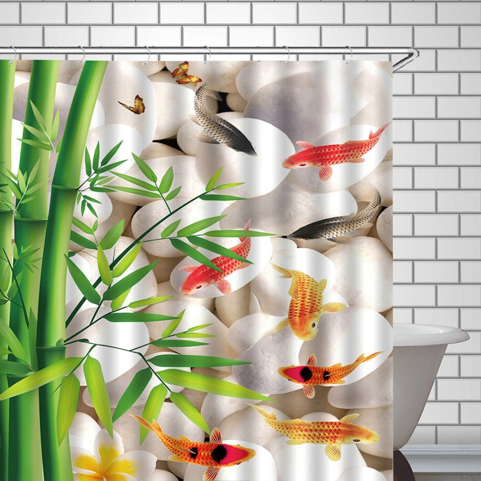 Koi Fish Bamboo Shower Curtain Japanese Style Bathroom Decor Etsy