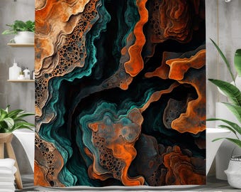 Peut inclure: Rideau de douche abstrait avec un motif tourbillonnant de turquoise, orange et marron. Le design ressemble à un paysage rocheux avec un aspect texturé en couches.