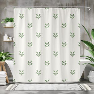 Minimalist Leaf Shower Curtain, Simple Botanical Bathroom Decor, Green Leaves Pattern Curtain, Scandinavian Design, Neutral Modern Decor