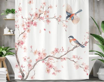 Cherry Blossom Bird Shower Curtain - Waterproof Bath Curtain, Bathroom Decor, Fabric with Floral Tree Branch - Pink, White, Blue