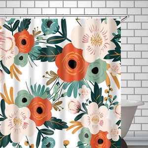 Flowers Shower Curtain, Floral Bath Curtain, Colorful Bathroom Curtains Green Leaf, Herbs, Flowers Waterproof Fabric Bathroom Decor