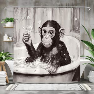 Cortina de ducha con diseño de mono, impermeable, de tela, decoración divertida para el baño con ilustración de animales de dibujos animados en blanco y negro