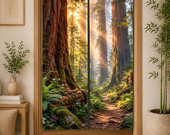 Redwood Forest Noren Curtain, Ancient Forest Door Curtain, Woodland Room Divider, Nature Landscape Curtain, Cabin Rustic