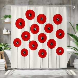Mid Century Modern Shower Curtain Poppy Flowers Abstract Design Floral Pop of Color Bathroom Decor, Modern Home Accessory, Floral Design