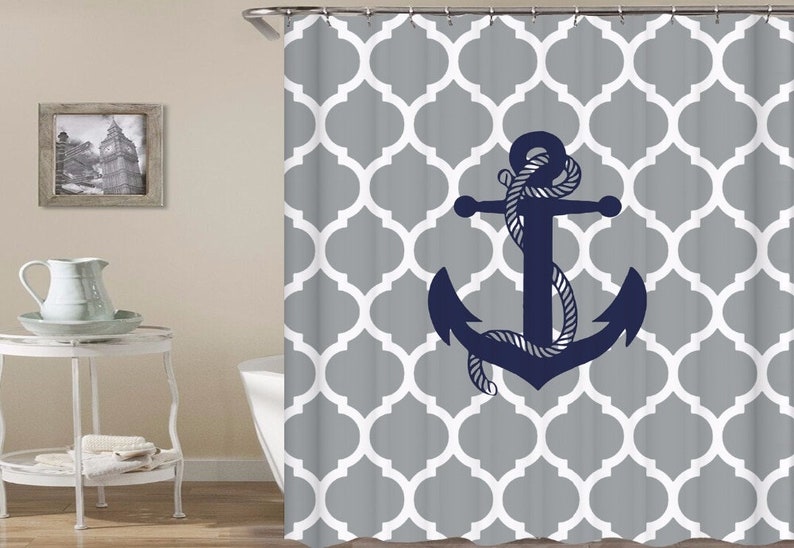 Anchor Shower Curtain Nautical Curtains Gray White Blue