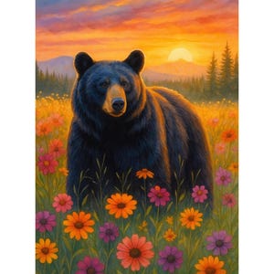 May include: A black bear stands in a field of colorful wildflowers, with a sunset in the background. The bear has a brown snout and is surrounded by orange, pink, and purple flowers. The sky is a mix of orange and yellow.