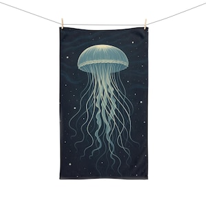 Toalla de manos de medusa que brilla en la oscuridad / Decoración náutica para el baño, regalo único para amantes del océano, divertida toalla de cocina, regalo de criatura marina