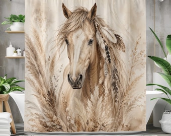 Zasłona prysznicowa w stylu boho z koniem, wystrój łazienki w stylu western, rustykalna zasłona do kąpieli z koniem, neutralna łazienka w stylu jeździeckim, beżowy wystrój w stylu rustykalnym