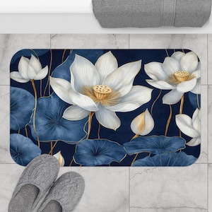 Elegant Floral Blue Bath Mat - Luxurious Spa Decor, Botanical Home Accessory, Ideal Gift for Housewarming, Relaxation, and Bathroom Makeover