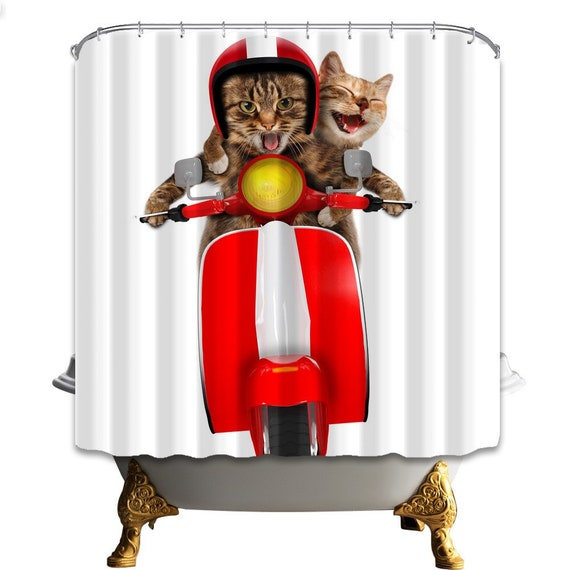 Cats Shower Curtain Cats Riding Motorcycle Shower Curtains Cat Etsy