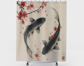 Japońska zasłona prysznicowa Koi, wystrój łazienki Zen, zasłona wanny Sumi-e Koi Fish, łazienka z kwiatem wiśni, wystrój łazienki Japandi