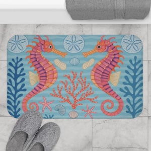 Colorful Seahorse Bath Mat, Nautical Decor, Coastal Bathroom Rug, Beach Theme Gifts, Ocean-inspired Home Accessories